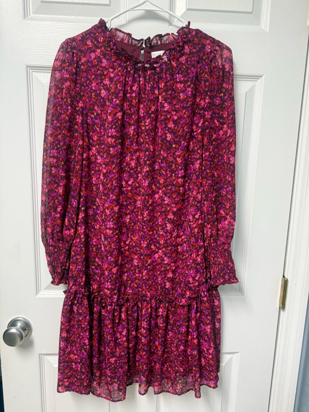 London Times Magenta & Burgundy Floral Ruffle Dress